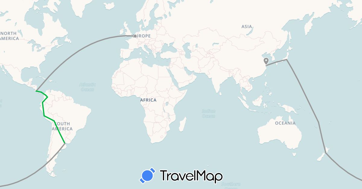 TravelMap itinerary: driving, bus, plane in Argentina, Belgium, Bolivia, China, Colombia, Costa Rica, Ecuador, Japan, New Zealand, Panama, Peru, Vanuatu (Asia, Europe, North America, Oceania, South America)